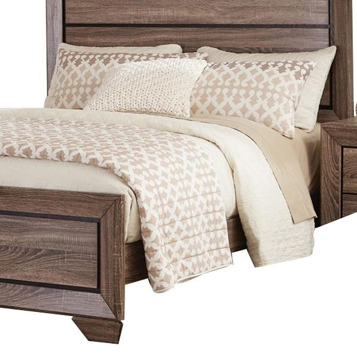 Transitional Style Eastern King Bed with Plank Headboard, Taupe Brown
