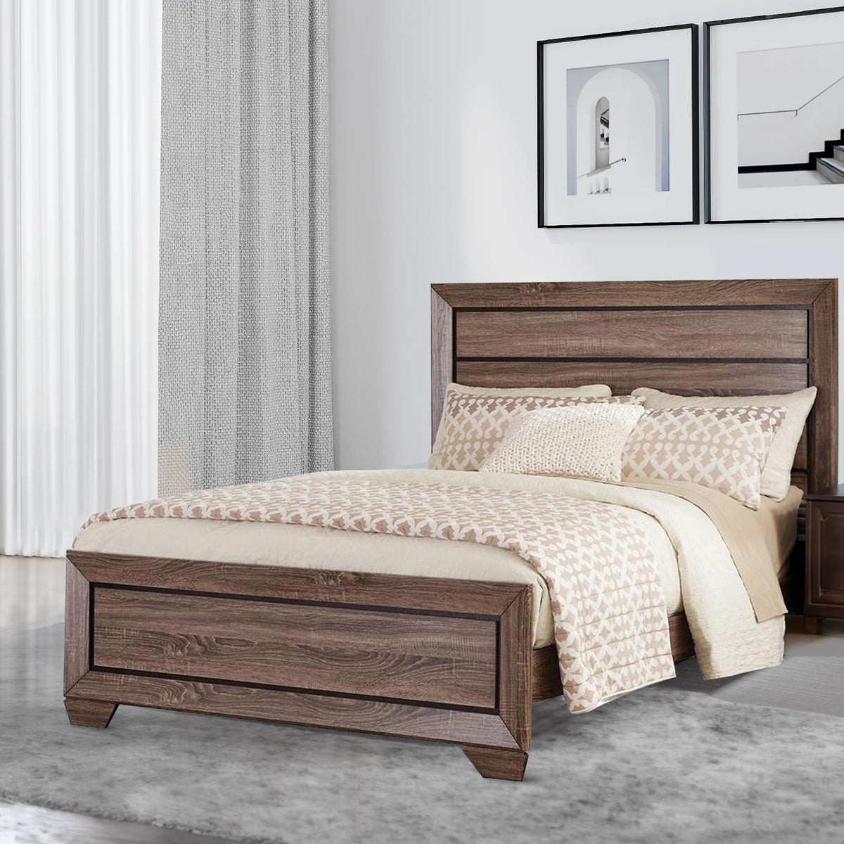 Transitional Style Eastern King Bed with Plank Headboard, Taupe Brown