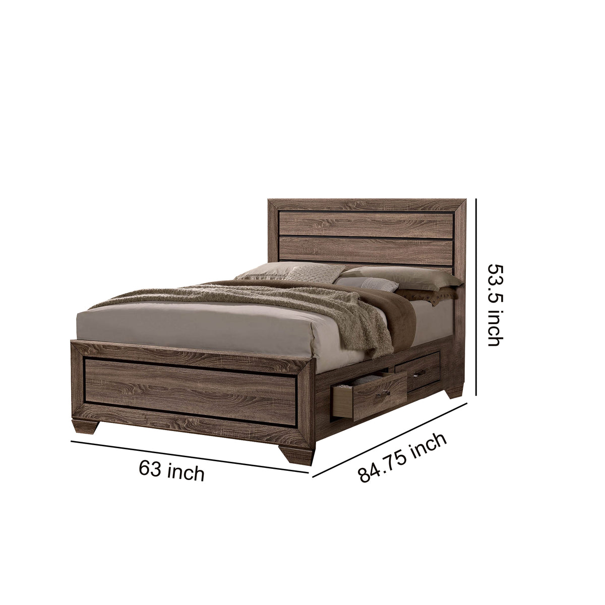 Wooden Queen Size Bed with 4 Spacious Side Rail Drawers, Brown