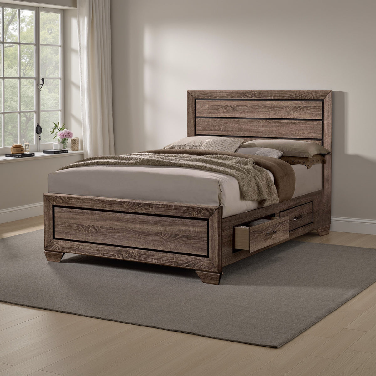 Wooden Queen Size Bed with 4 Spacious Side Rail Drawers, Brown