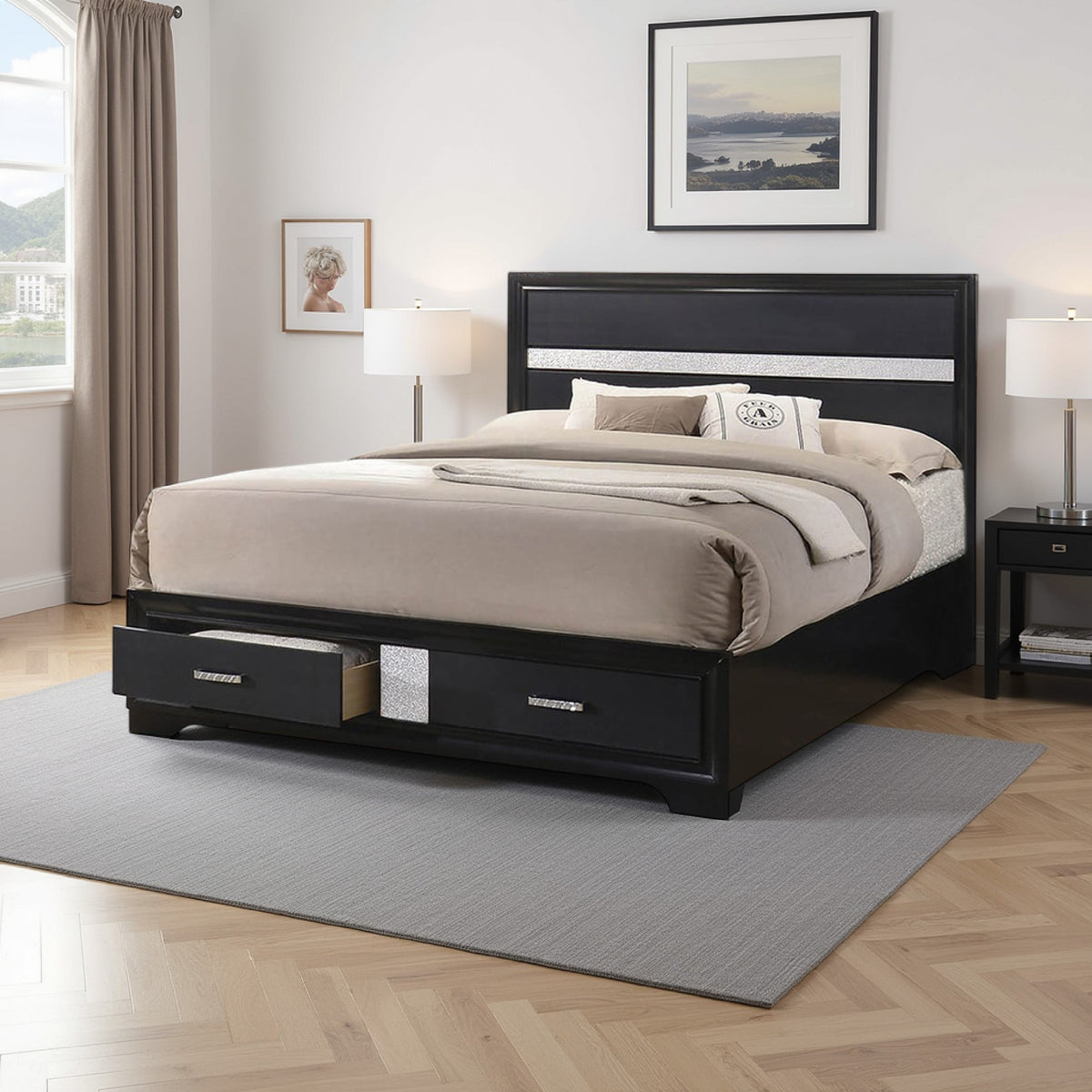 Wooden Eastern King Size Bed with 2 Storage Drawers, Black and Silver