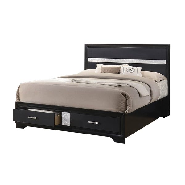 Wooden Eastern King Size Bed with 2 Storage Drawers, Black and Silver