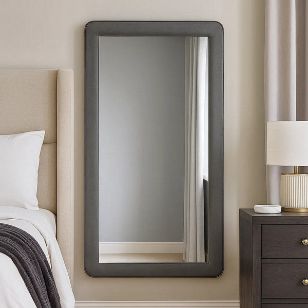 Fabric Upholstered Wooden Frame Mirror with Welt Trim, Light Gray - BM205582
