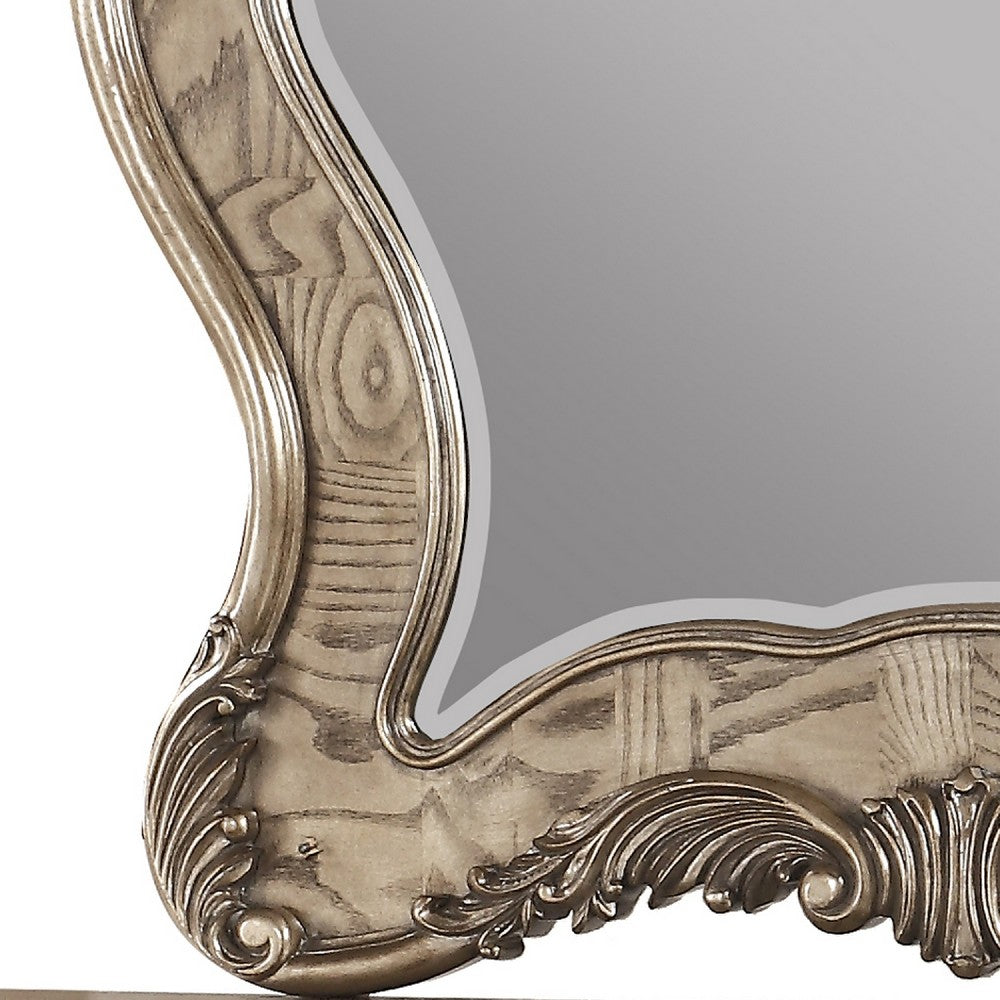 Wooden Mirror with Scrollwork Crown and Trim Details, Brown and Silver - BM205593