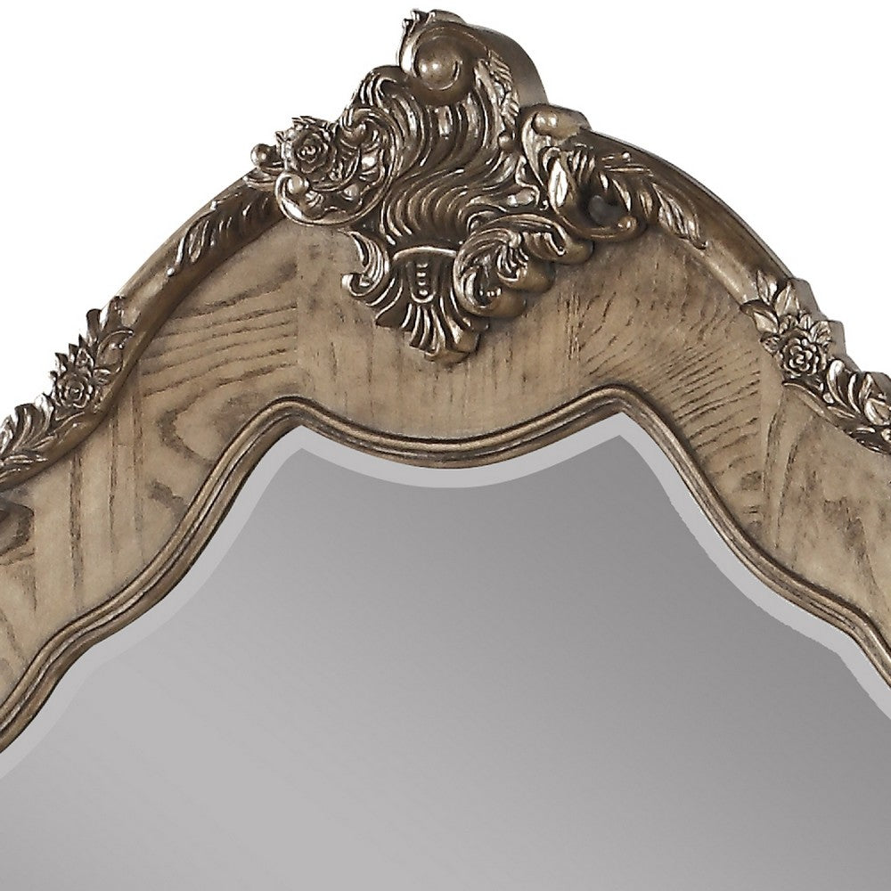 Wooden Mirror with Scrollwork Crown and Trim Details, Brown and Silver - BM205593