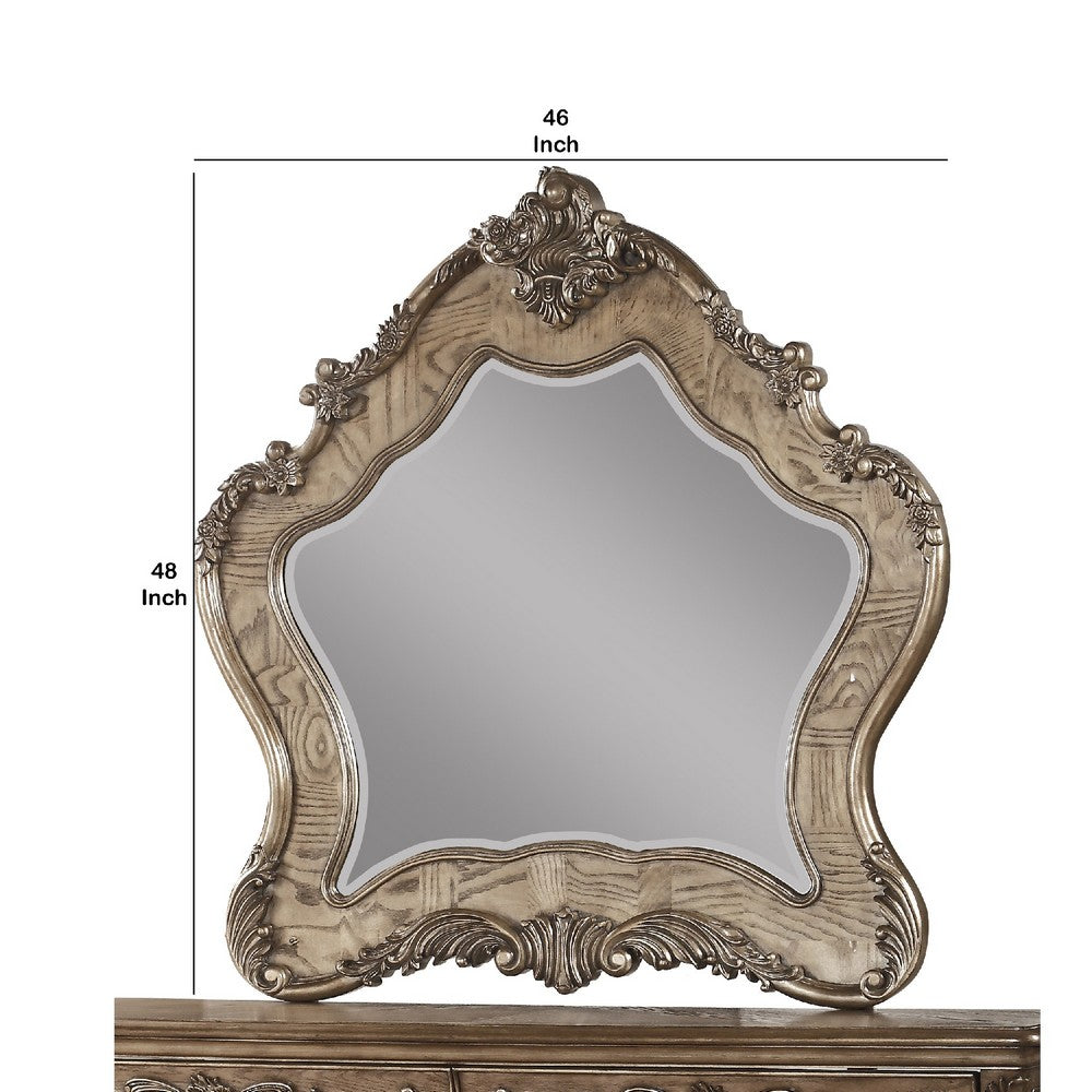 Wooden Mirror with Scrollwork Crown and Trim Details, Brown and Silver - BM205593