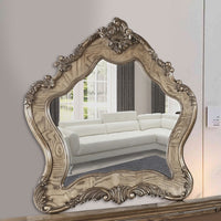 Wooden Mirror with Scrollwork Crown and Trim Details, Brown and Silver - BM205593