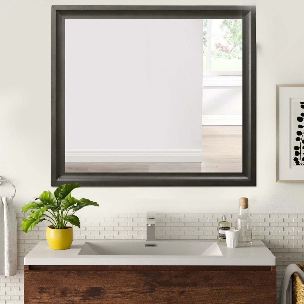 Contemporary Style Wooden Mirror with Raised Edge Framework, Gray - BM205594