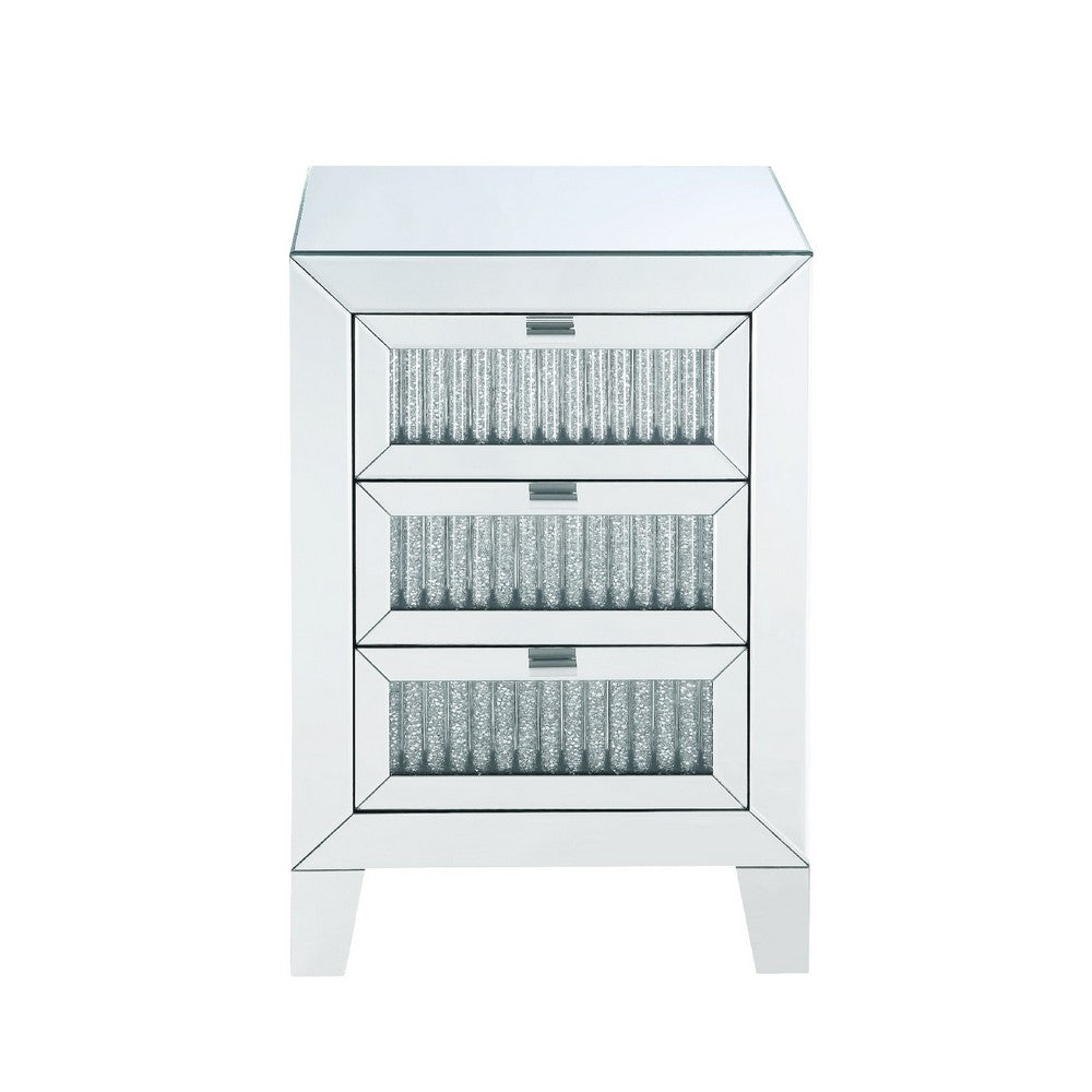 Contemporary Style Wooden Mirrored Night Table with 3 Drawers, Silver - BM205596