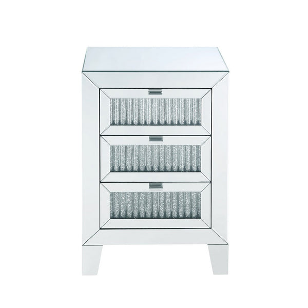 Contemporary Style Wooden Mirrored Night Table with 3 Drawers, Silver - BM205596