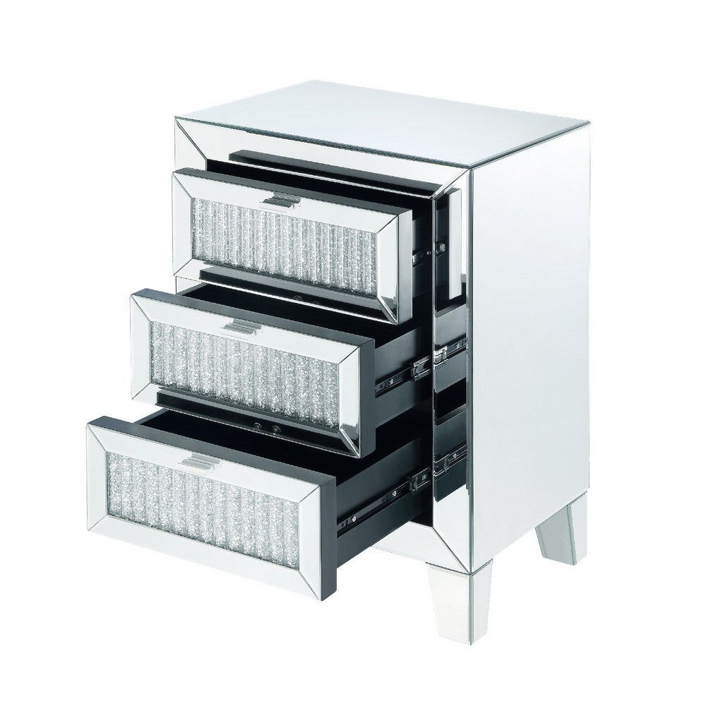 Contemporary Style Wooden Mirrored Night Table with 3 Drawers, Silver - BM205596