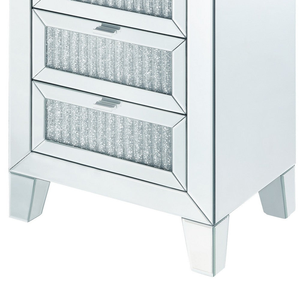 Contemporary Style Wooden Mirrored Night Table with 3 Drawers, Silver - BM205596