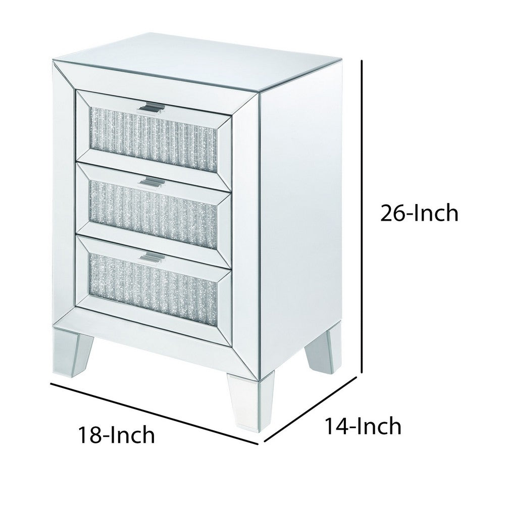 Contemporary Style Wooden Mirrored Night Table with 3 Drawers, Silver - BM205596