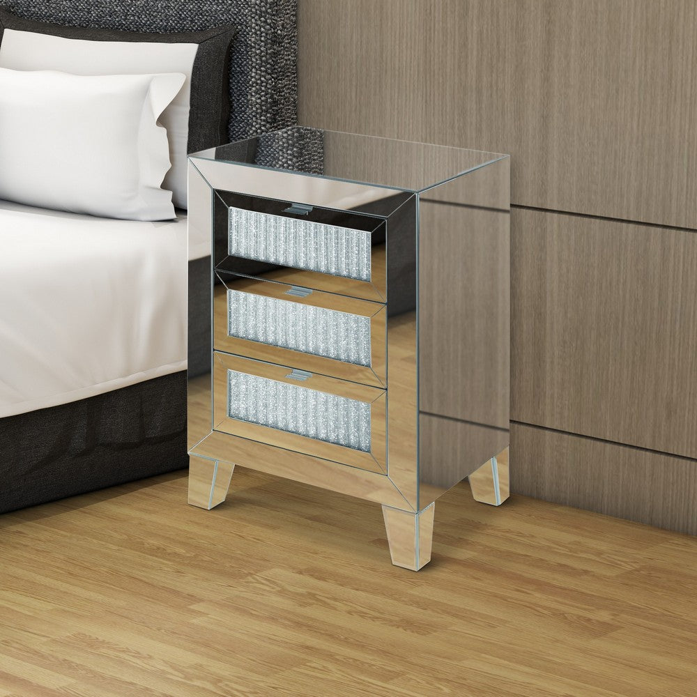 Contemporary Style Wooden Mirrored Night Table with 3 Drawers, Silver - BM205596