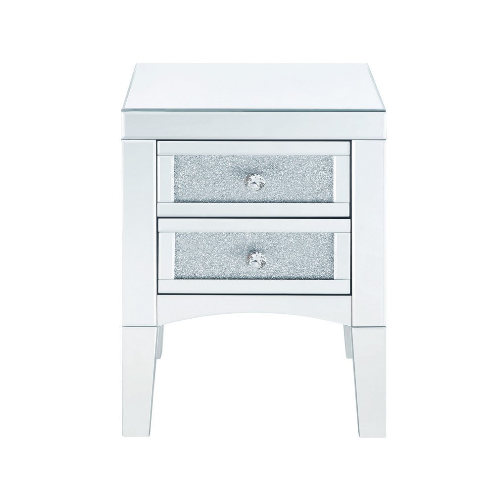 Wooden Night Table with 2 Spacious Drawers and Tapered Legs, Silver - BM205597