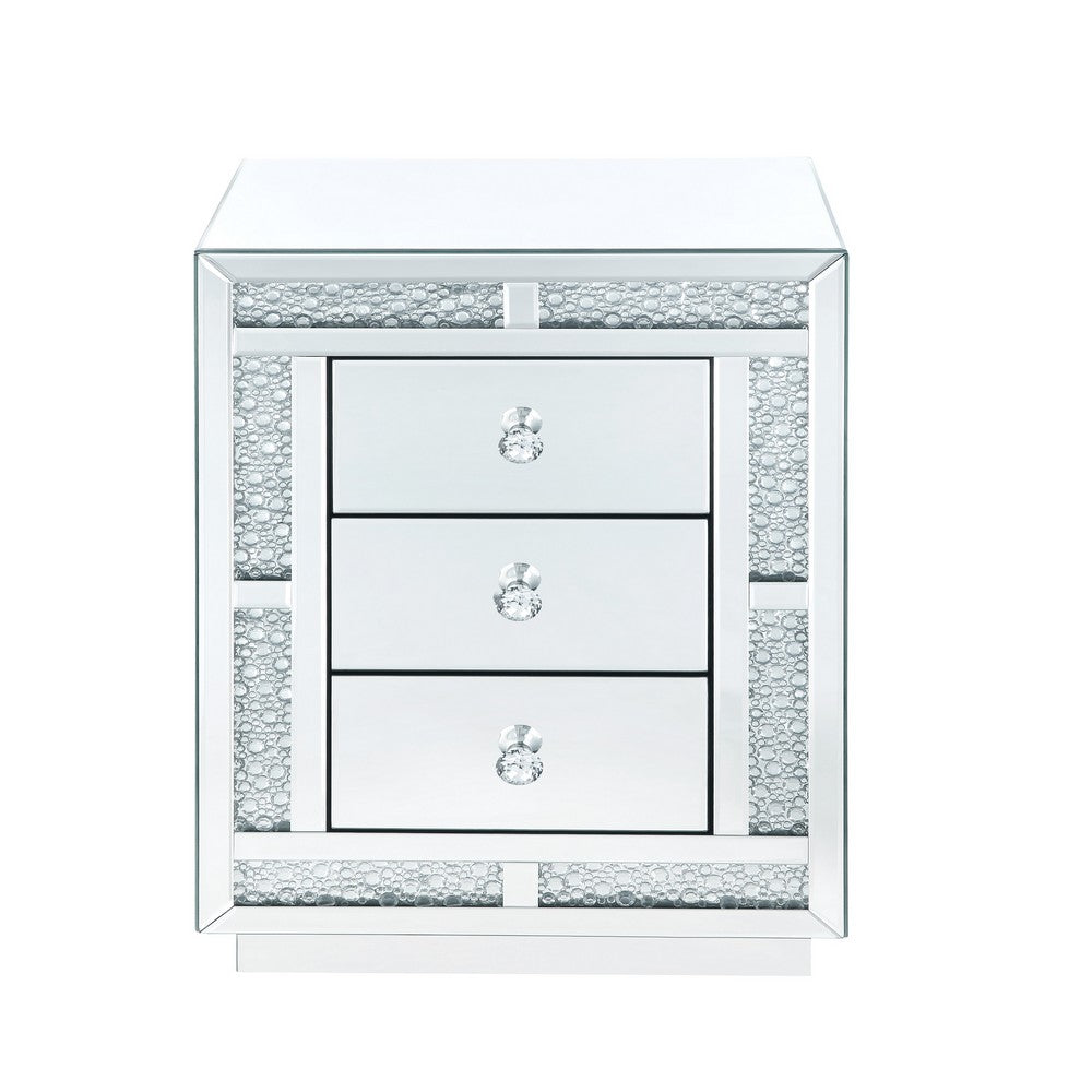 Mirrored Wooden Night Table with Flat Base and 3 Drawers, Silver - BM205599