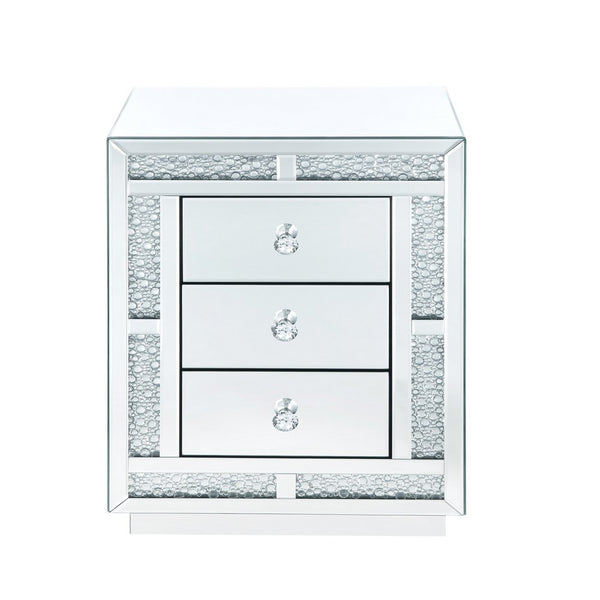 Mirrored Wooden Night Table with Flat Base and 3 Drawers, Silver - BM205599