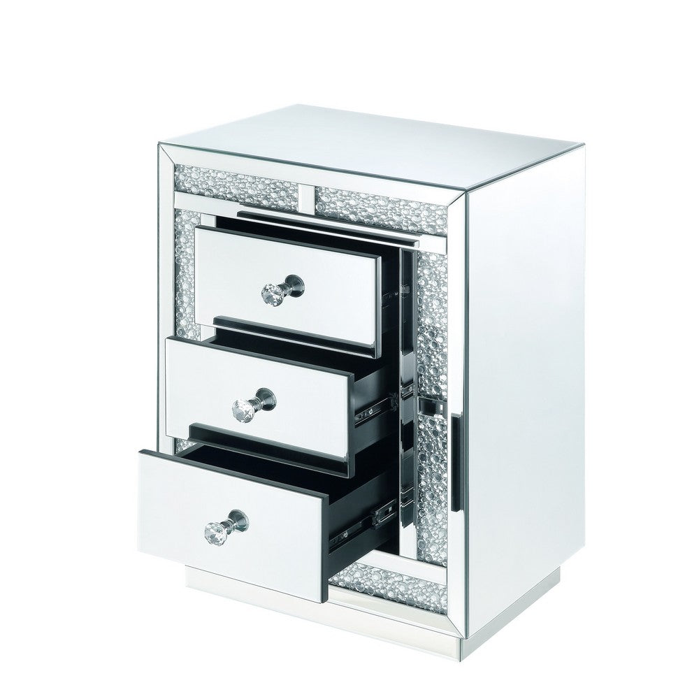 Mirrored Wooden Night Table with Flat Base and 3 Drawers, Silver - BM205599