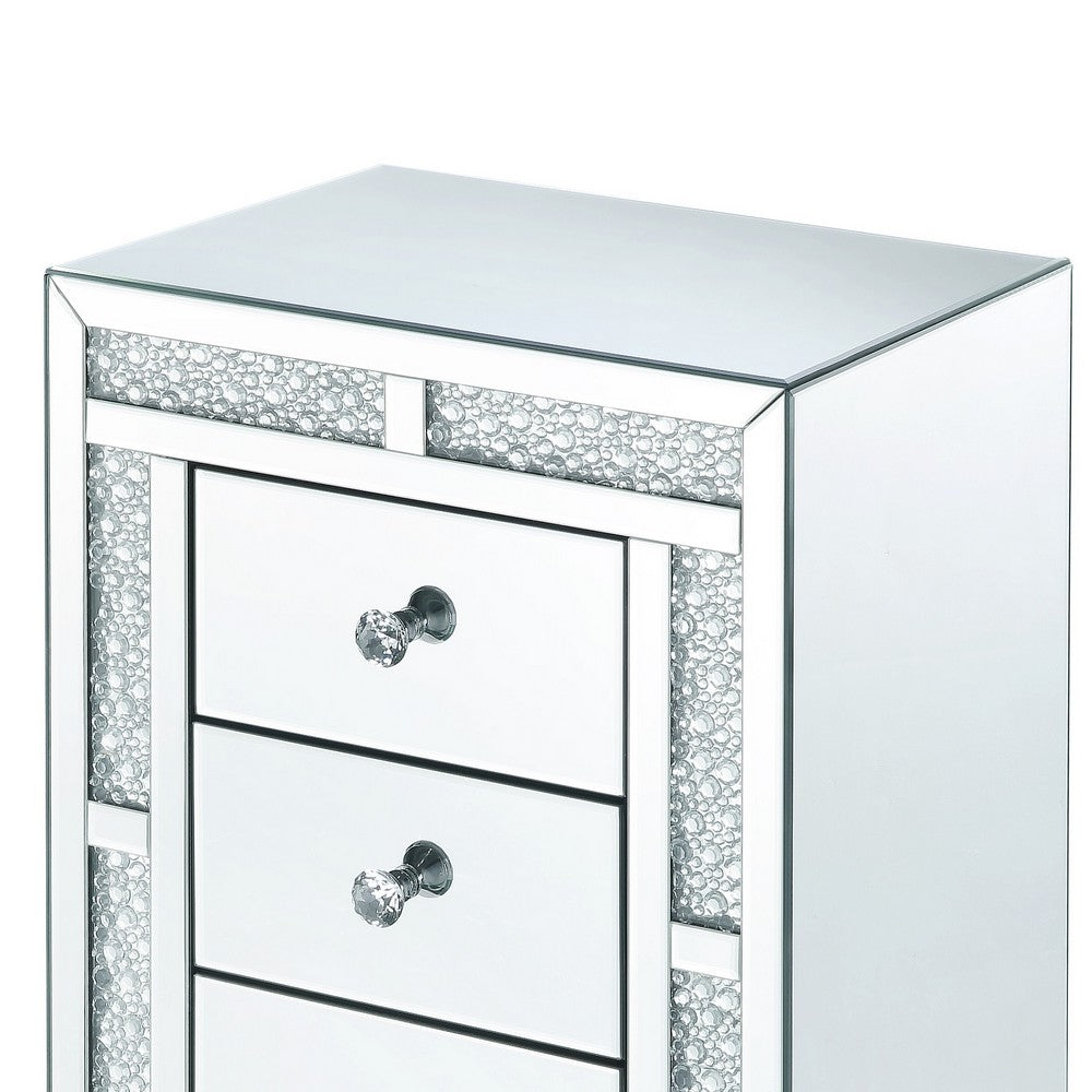 Mirrored Wooden Night Table with Flat Base and 3 Drawers, Silver - BM205599