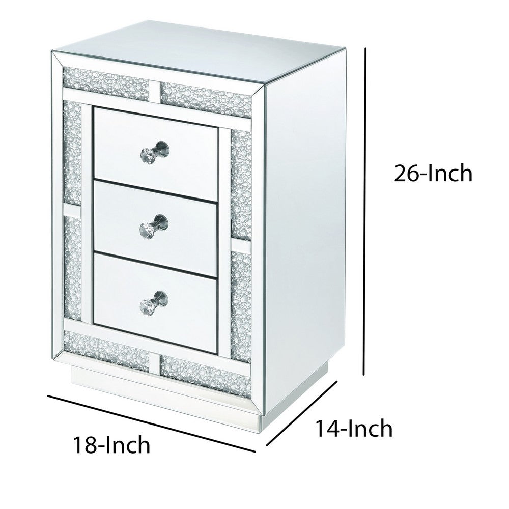 Mirrored Wooden Night Table with Flat Base and 3 Drawers, Silver - BM205599