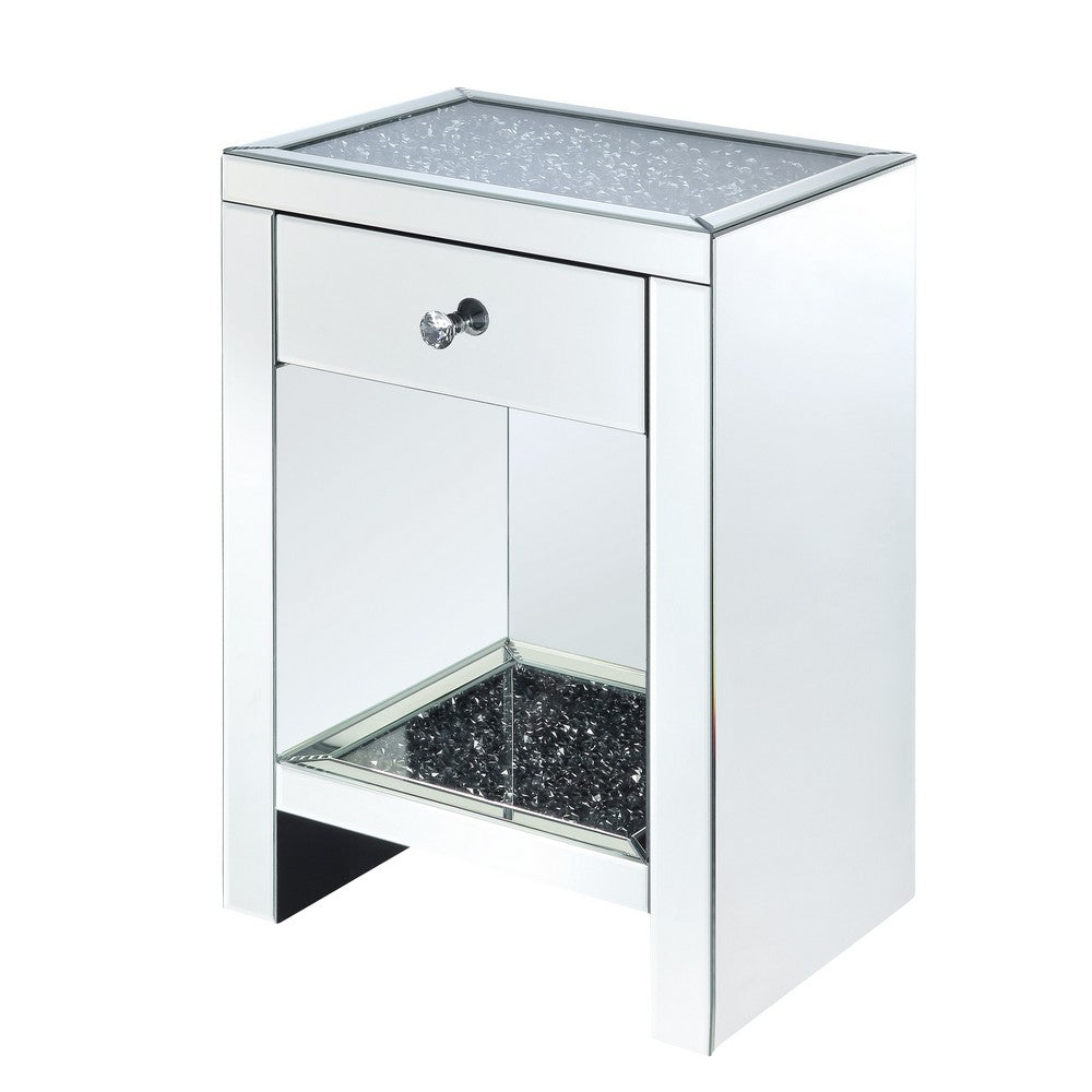Mirrored Wooden Night Table with 1 Drawer and Bottom Shelf, Silver - BM205600