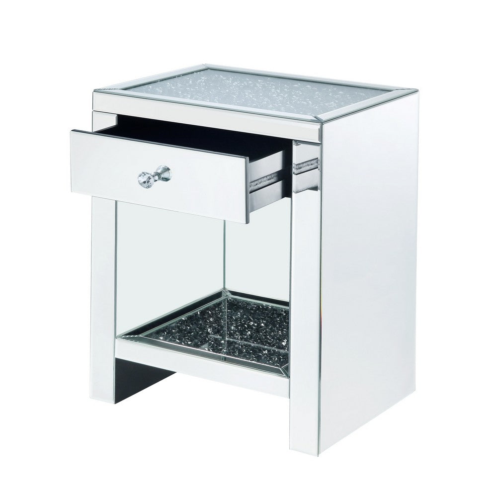 Mirrored Wooden Night Table with 1 Drawer and Bottom Shelf, Silver - BM205600
