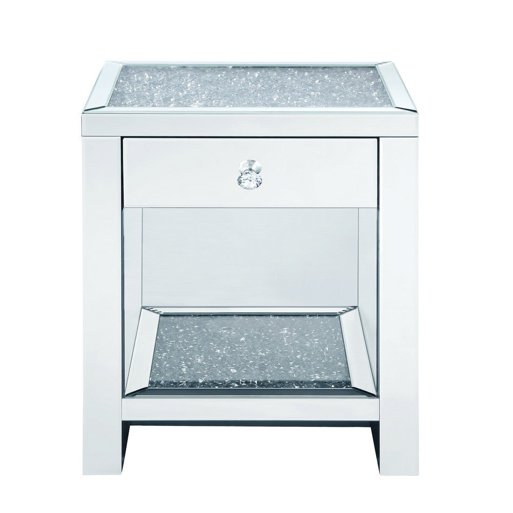 Mirrored Wooden Night Table with 1 Drawer and Bottom Shelf, Silver - BM205600