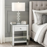 Mirrored Wooden Night Table with 1 Drawer and Bottom Shelf, Silver - BM205600