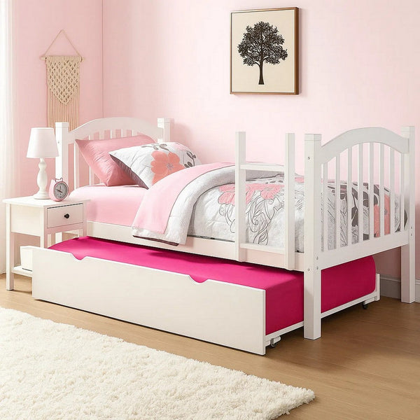 Twin Size Wooden Trundle with Caster Wheels and Cut Out Handles, White - BM205601