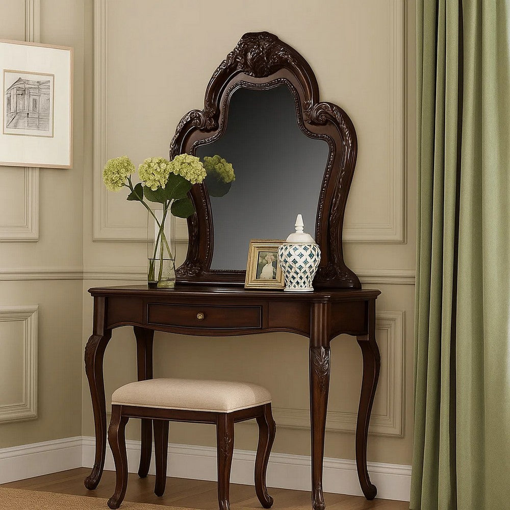 Traditional Wooden Mirror with Oversized Polyresin Scrollwork, Brown - BM205613