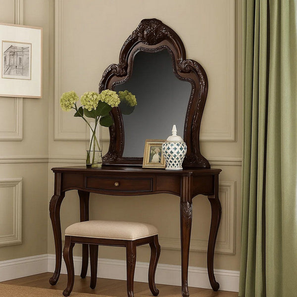 Traditional Wooden Mirror with Oversized Polyresin Scrollwork, Brown - BM205613