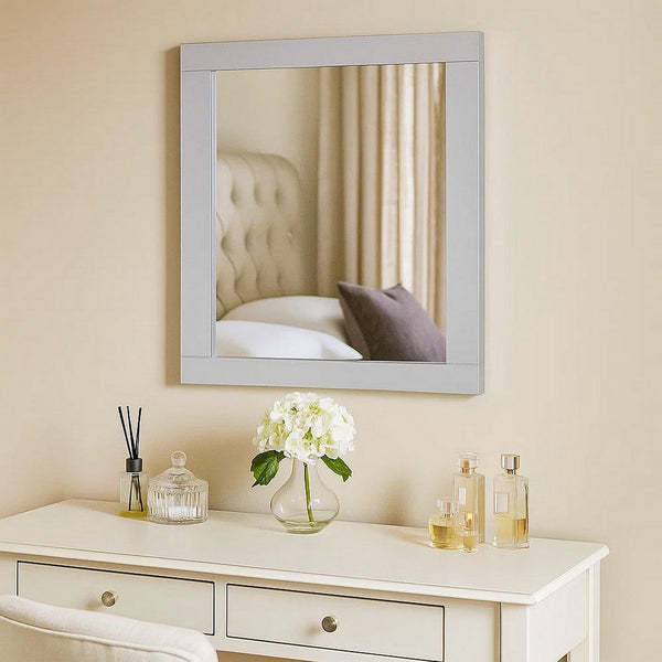 Rectangular Wooden Frame Mirror with Beveled Edges, White and Silver - BM205634