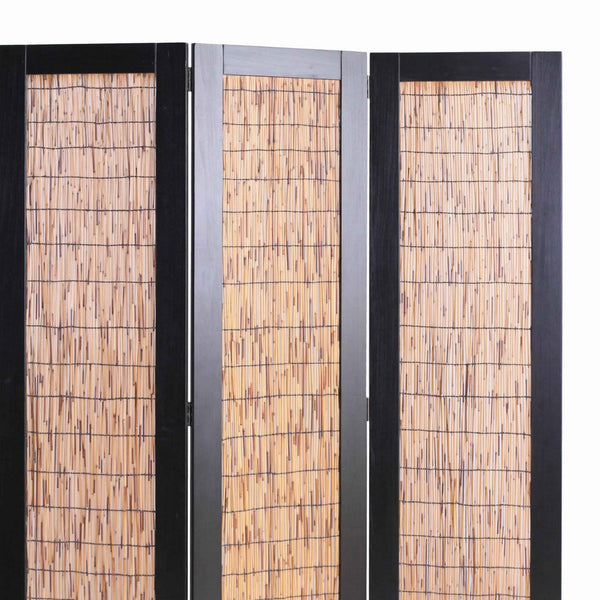 Wooden 3 Panel Room Divider with Wicker Panelling, Brown and Black - BM205773