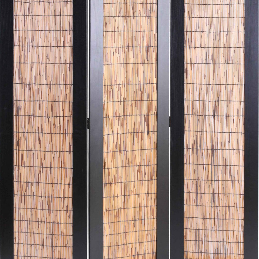 Wooden 3 Panel Room Divider with Wicker Panelling, Brown and Black - BM205773