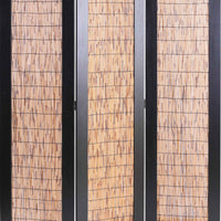 Wooden 3 Panel Room Divider with Wicker Panelling, Brown and Black - BM205773