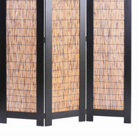 Wooden 3 Panel Room Divider with Wicker Panelling, Brown and Black - BM205773