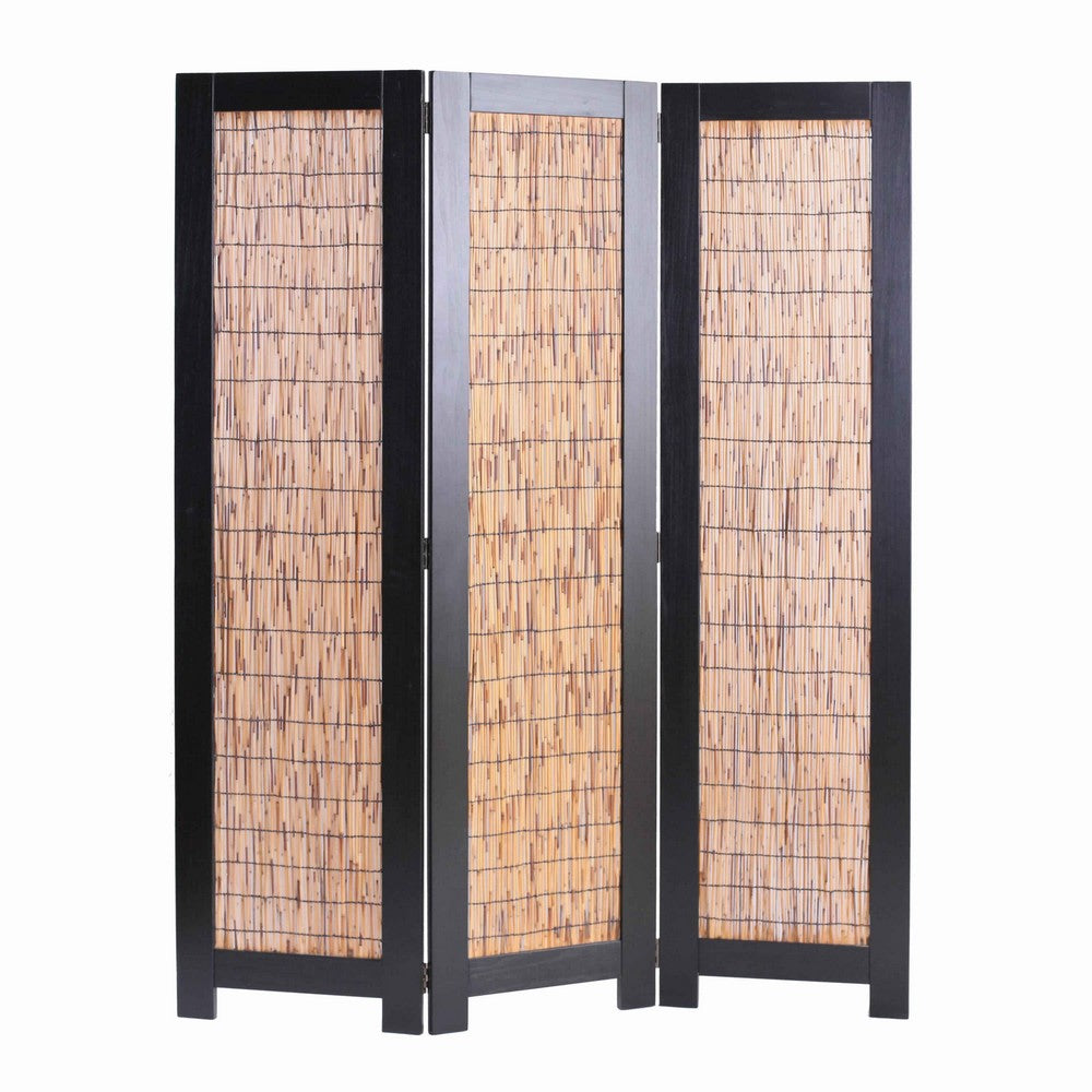 Wooden 3 Panel Room Divider with Wicker Panelling, Brown and Black - BM205773