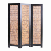 Wooden 3 Panel Room Divider with Wicker Panelling, Brown and Black - BM205773