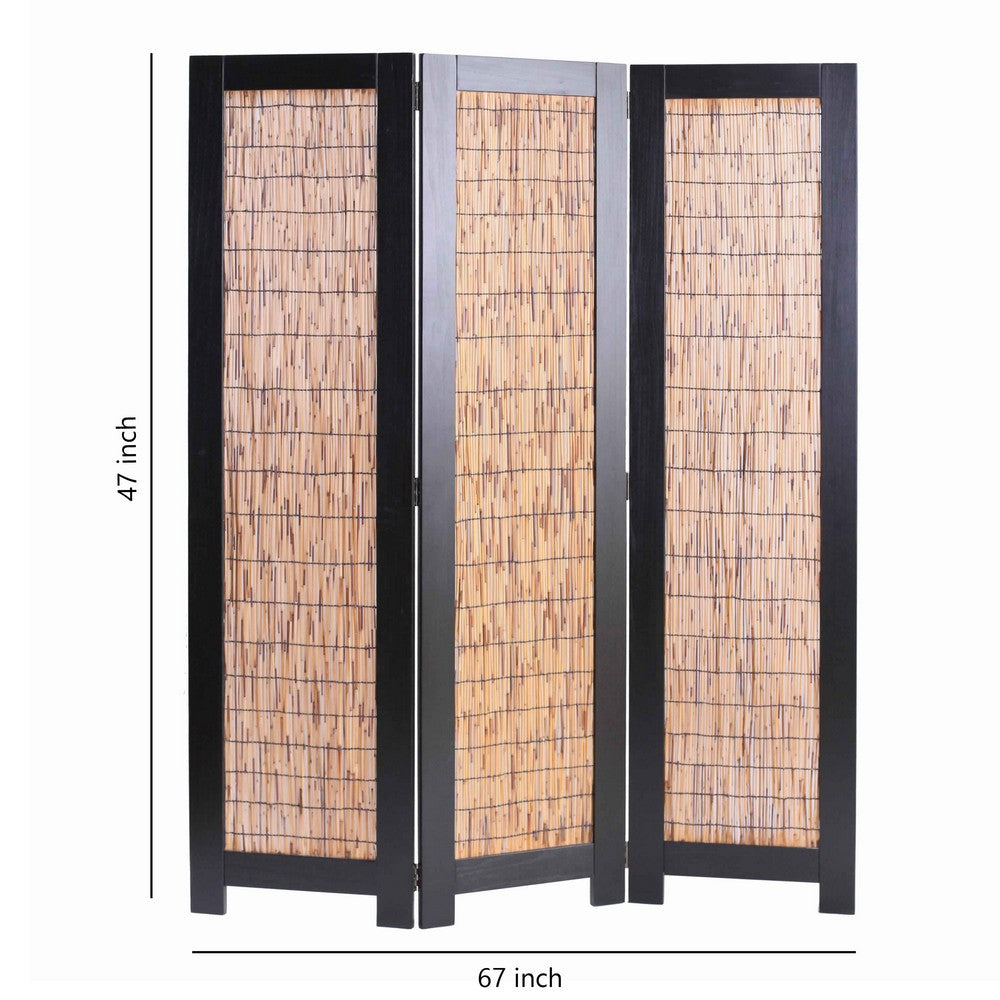 Wooden 3 Panel Room Divider with Wicker Panelling, Brown and Black - BM205773