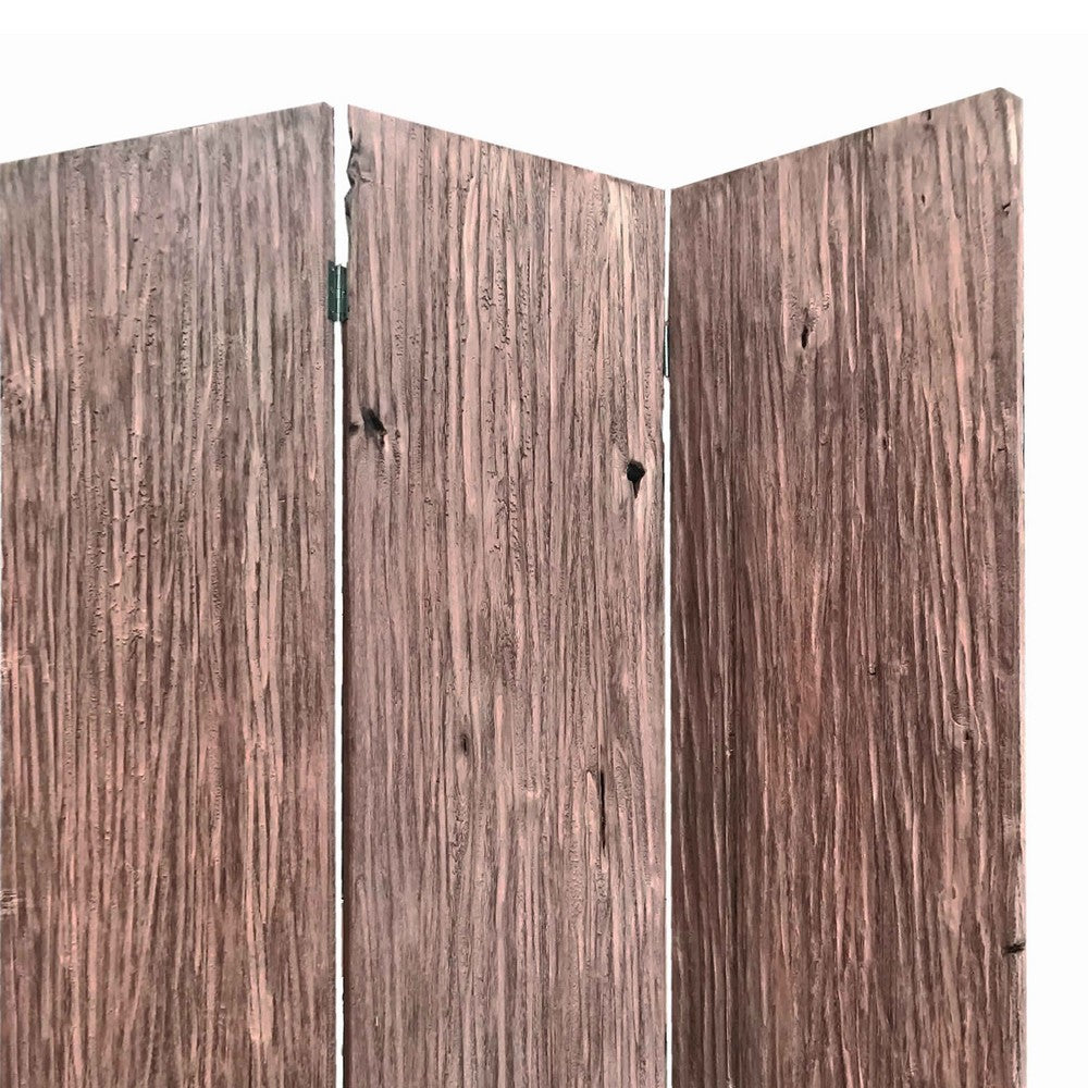 Textured and Bark Designed Wooden 3 Panel Room Divider , Natural Brown - BM205776