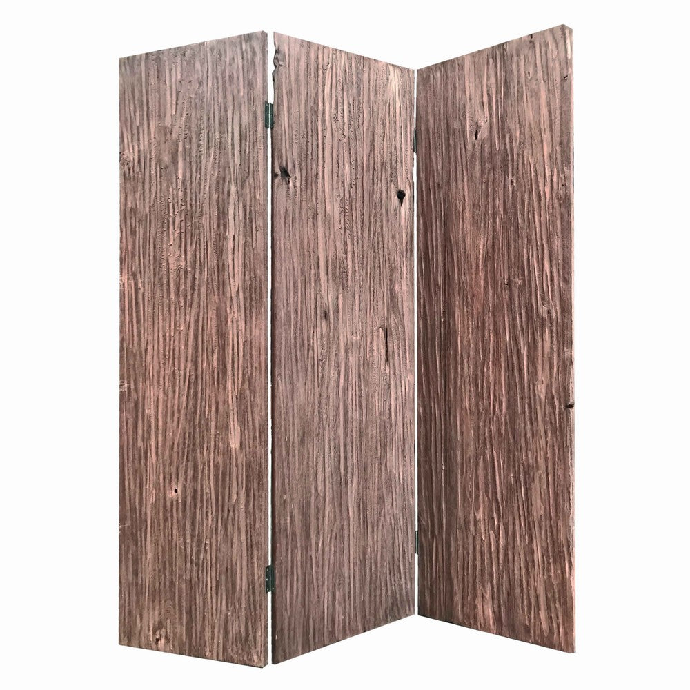 Textured and Bark Designed Wooden 3 Panel Room Divider , Natural Brown - BM205776