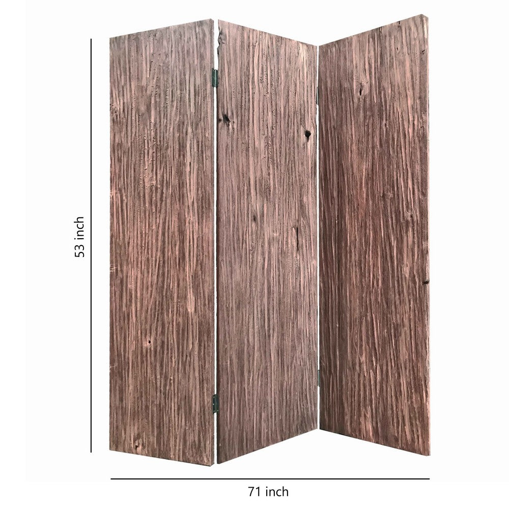 Textured and Bark Designed Wooden 3 Panel Room Divider , Natural Brown - BM205776