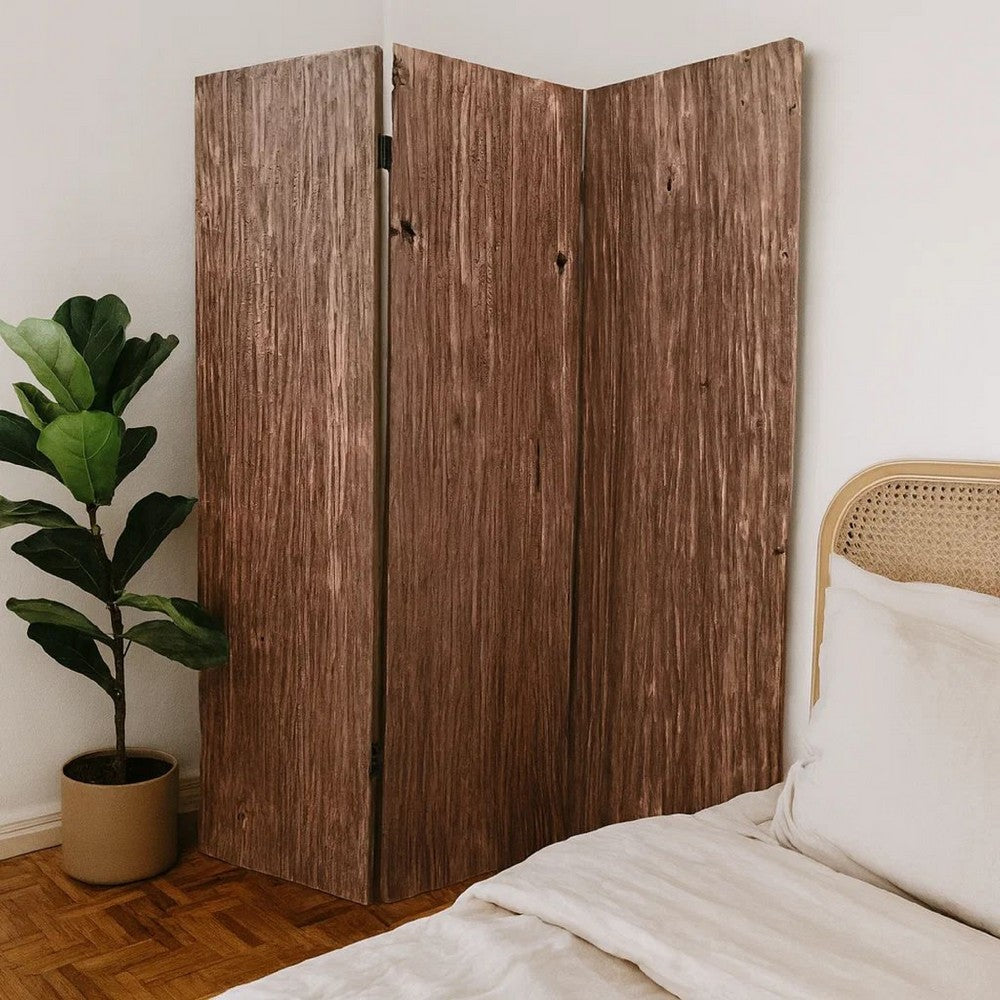Textured and Bark Designed Wooden 3 Panel Room Divider , Natural Brown - BM205776