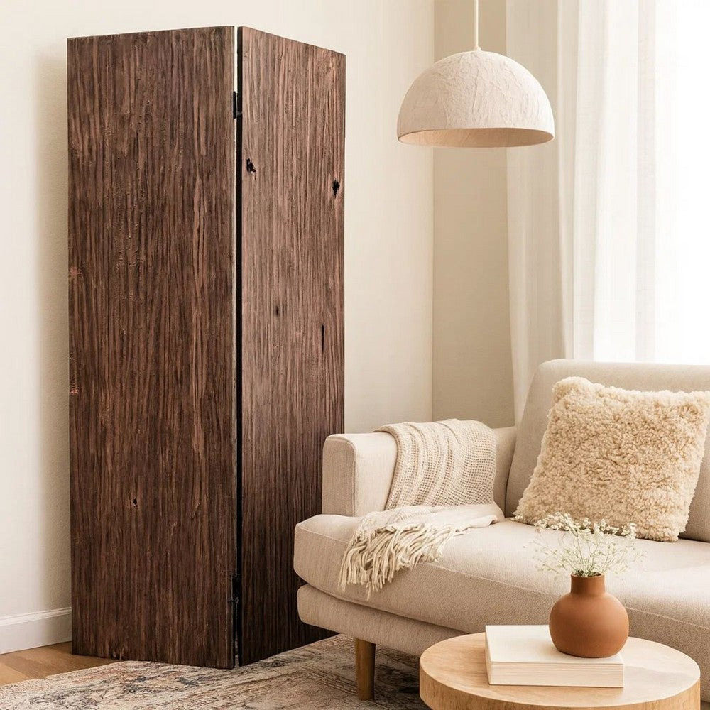 Textured and Bark Designed Wooden 3 Panel Room Divider , Natural Brown - BM205776