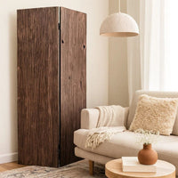 Textured and Bark Designed Wooden 3 Panel Room Divider , Natural Brown - BM205776