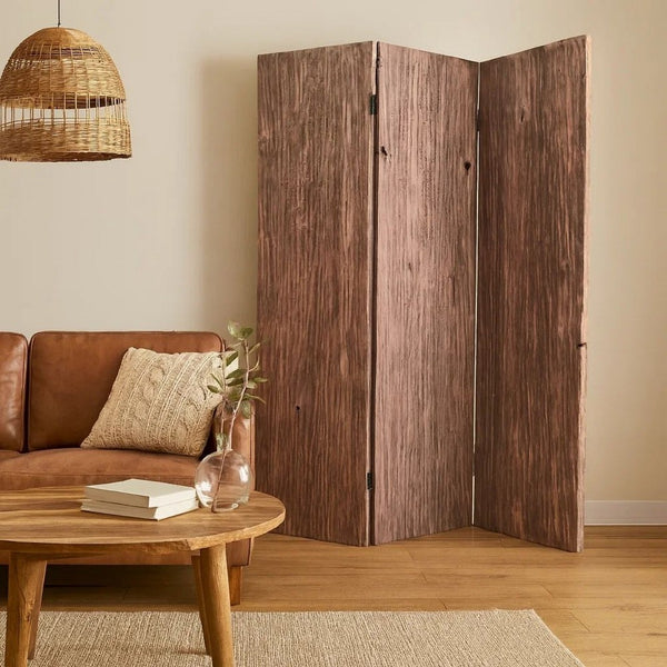 Textured and Bark Designed Wooden 3 Panel Room Divider , Natural Brown - BM205776