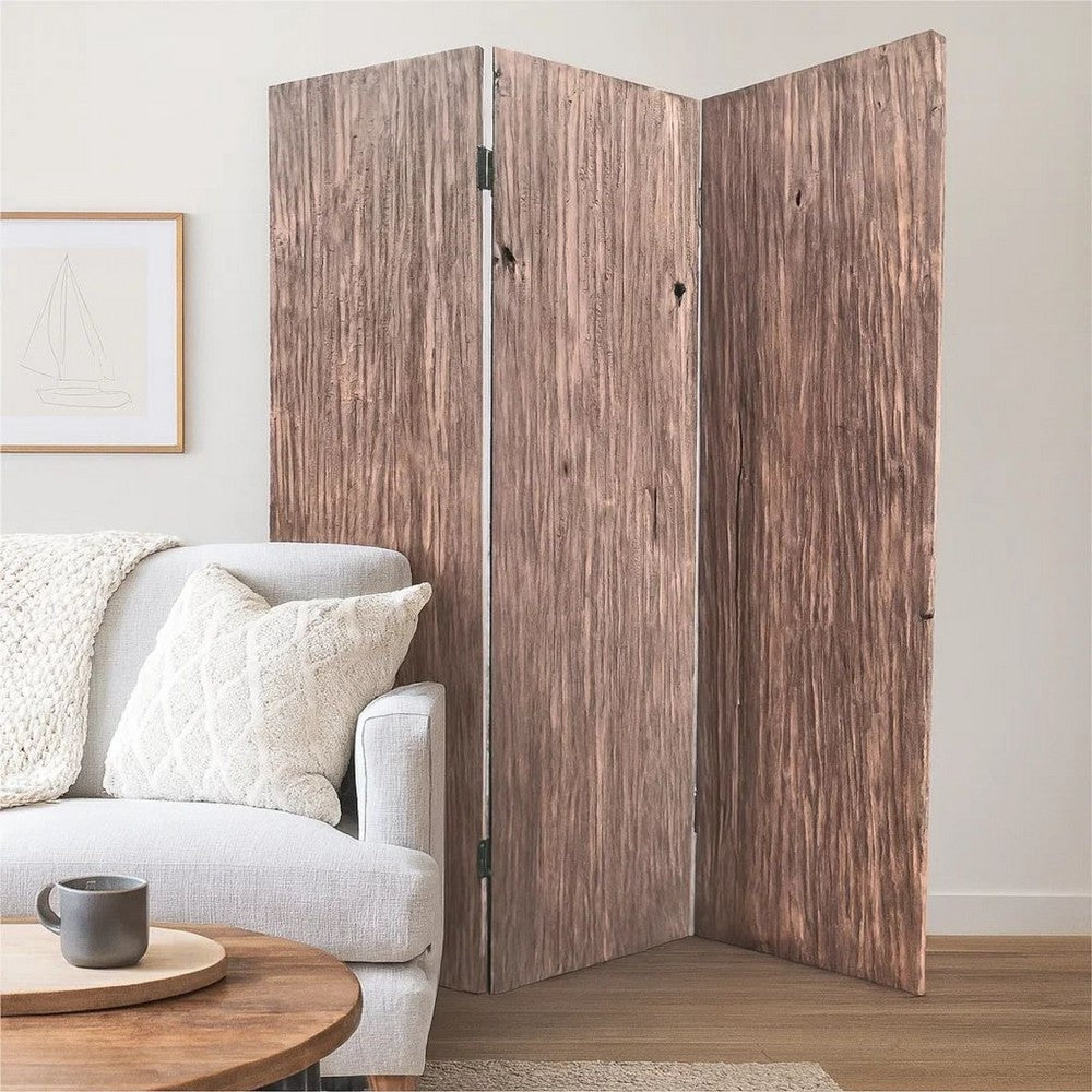 Textured and Bark Designed Wooden 3 Panel Room Divider , Natural Brown - BM205776