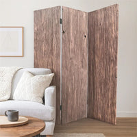 Textured and Bark Designed Wooden 3 Panel Room Divider , Natural Brown - BM205776