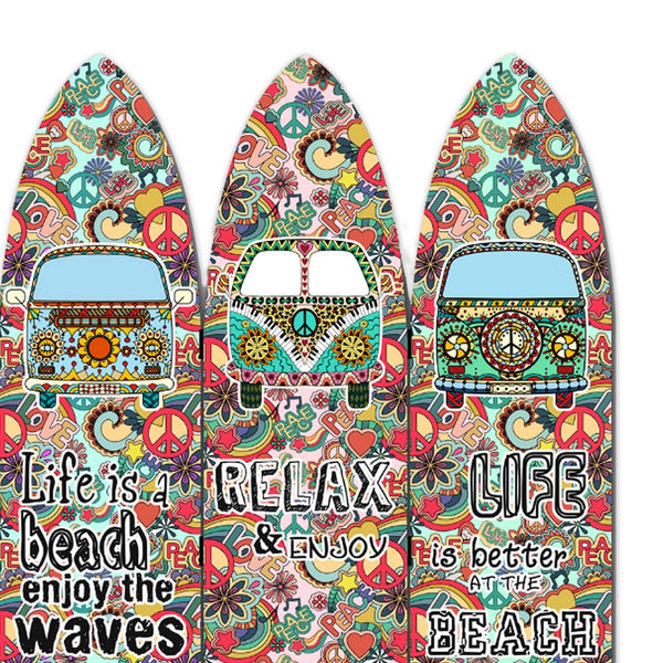 Beach Themed Surfboard Shaped 3 Panel Room Divider, Multicolor - BM205778
