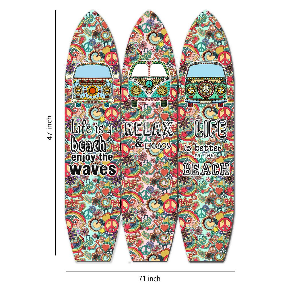 Beach Themed Surfboard Shaped 3 Panel Room Divider, Multicolor - BM205778